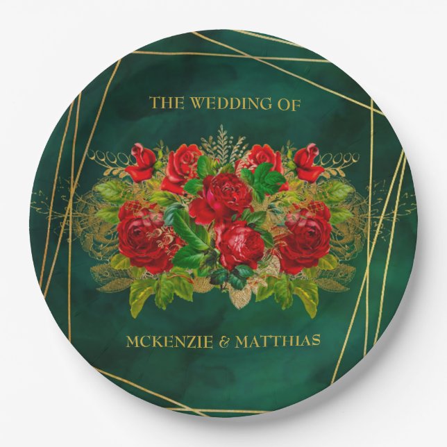 Emerald and Gold Geometric With Red Florals Paper Plate (Front)