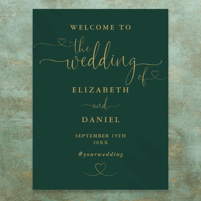 Emerald And Gold Heart Script Mariage Affiche de b (Emerald And Gold Heart Script Wedding Welcome Sign)