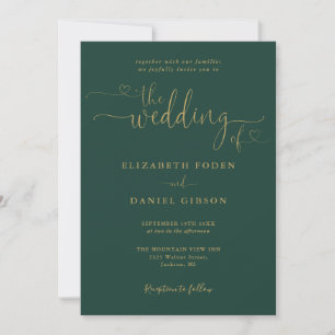 Emerald And Gold Heart Script QR Code Wedding Invitation