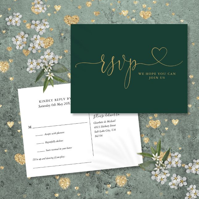 Emerald And Gold Heart Script Song Request  Invitation Postcard (Emerald And Gold Heart Script Song Request Invitation Postcard)