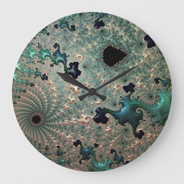 Emerald and Gold Mandelbrot Round Clock (Front)