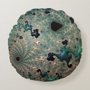 Emerald and Gold Mandelbrot Round Pillow