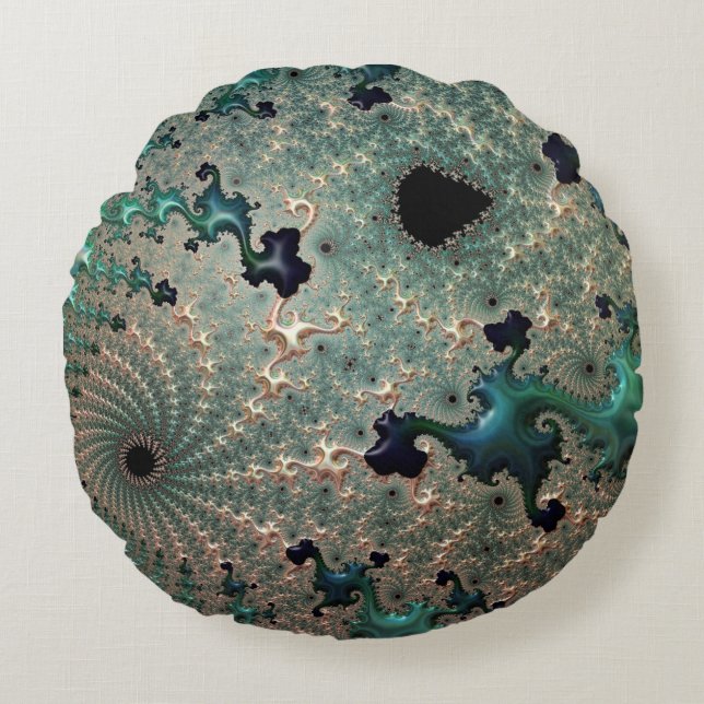 Emerald and Gold Mandelbrot Round Pillow (Front)