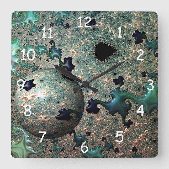 Emerald and Gold Mandelbrot with Sphere Square Wall Clock (Front)