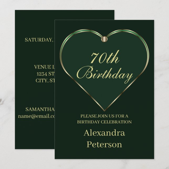 Emerald And Gold Minimalist Heart Birthday Invitation (Front/Back)