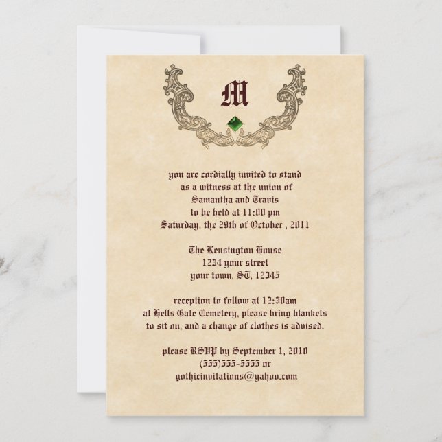 Emerald and Gold Monogram Gothic Invitation (Front)
