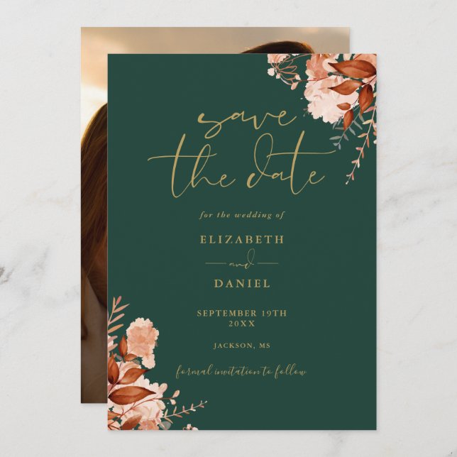 Emerald And Gold Rustic Floral Photo Fall Wedding Save The Date (Front/Back)