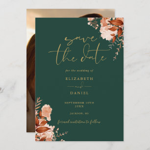 Emerald And Gold Rustic Floral Photo Fall Wedding Save The Date
