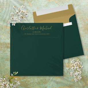 Emerald And Gold Script Return Address Square Envelope