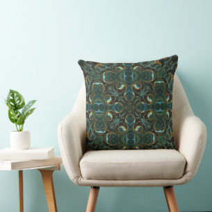 Emerald and Gold Symmetrical Abstract Mandala Throw Pillow