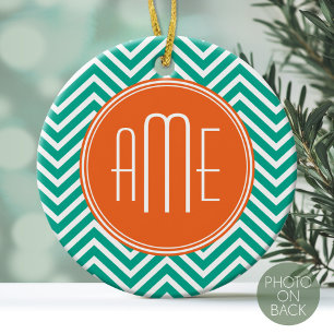 Emerald and Orange Chevrons Custom Triple Monogram Ceramic Ornament
