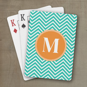 Emerald and Orange Chevrons Custom Triple Monogram Playing Cards