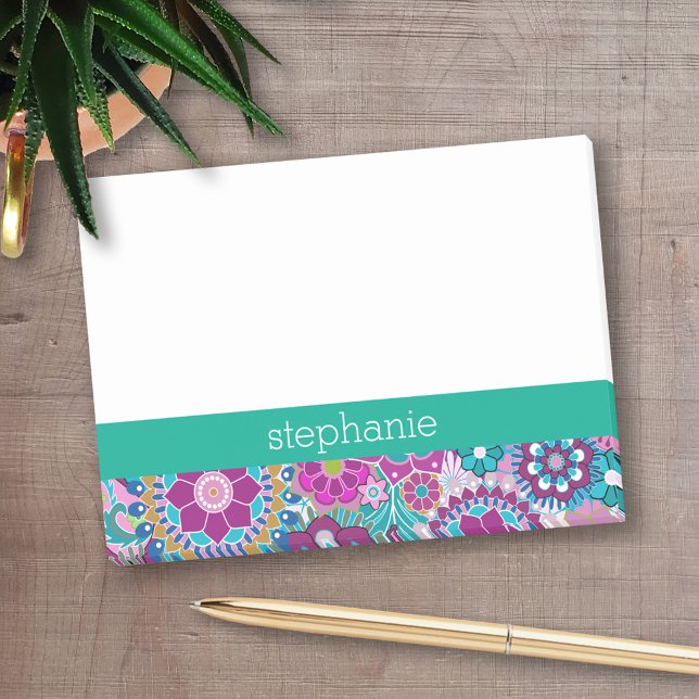 Emerald and Pink Floral Pattern - Add Your Name Post-it Notes (Personalized Post-It Notes - add name or other text)