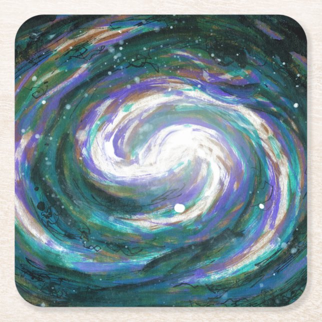 Emerald and Purple Galaxy Square Paper Coaster (Front)