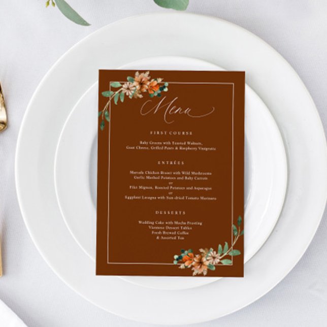 Emerald and Rust Burnt Orange Greenery Wedding Menu (Emerald and Rust Burnt Orange Wedding Menu for fall or winter weddings 5x7)