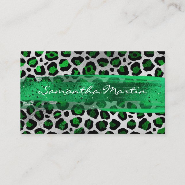 Emerald and Silver Foil Leopard Brush Stroke Business Card (Front)