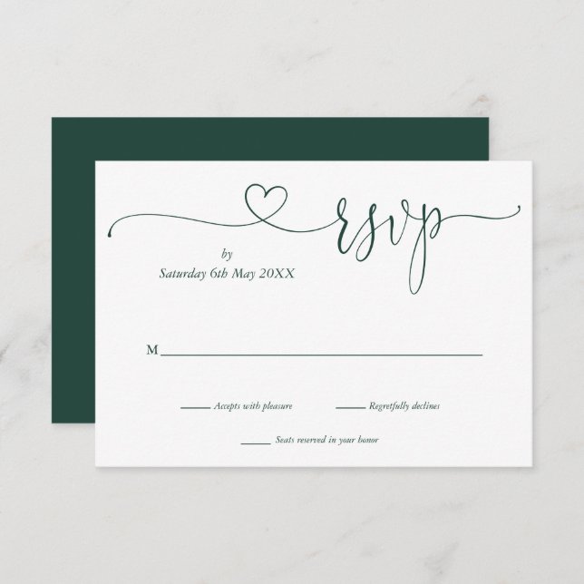 Emerald And White Script Heart  RSVP Card (Front/Back)