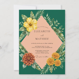 Emerald Apricot Hibiscus Eucalyptus Wedding Invitation