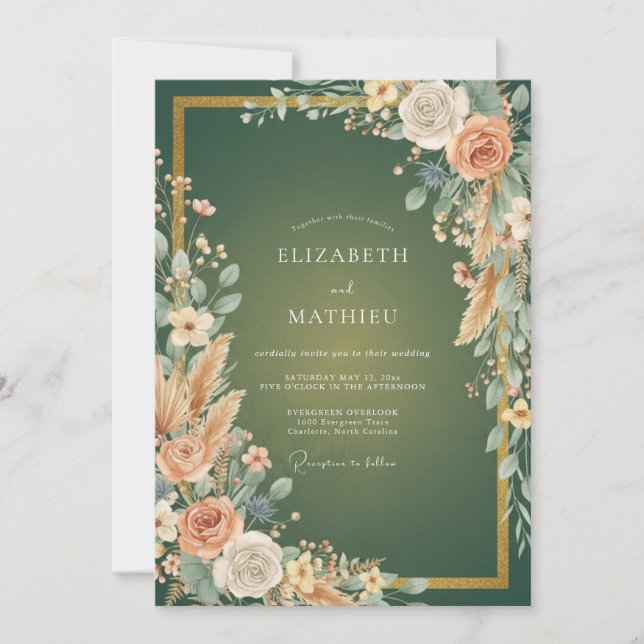Emerald Apricot Petal Wedding Invitation (Front)