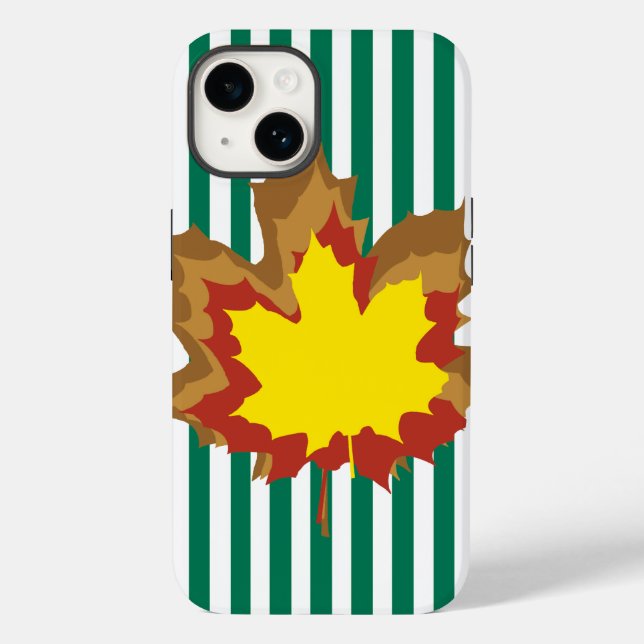 Emerald Autumnal Stripes with Leaves Case-Mate iPhone Case (Back)