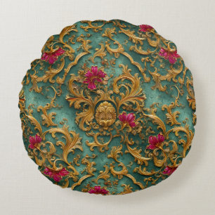 Emerald Baroque Floral with Gold Ornaments Round Pillow