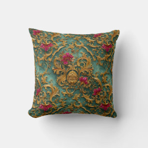 Emerald Baroque Floral with Gold Ornaments Throw Pillow