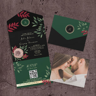 Emerald Black Burgundy Photo Wedding All In One Invitation