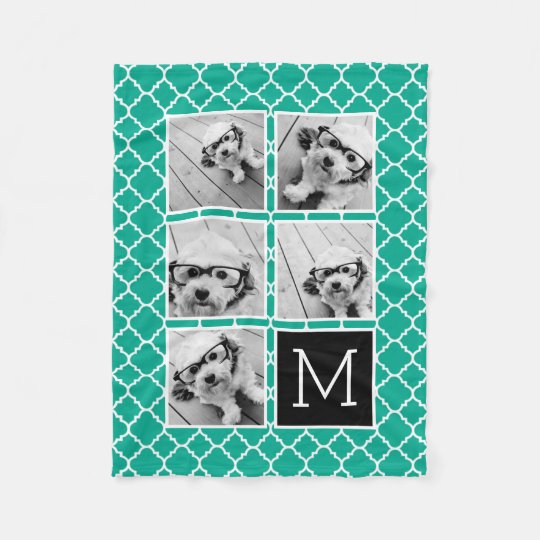 Emerald & Black Instagram 5 Photo Collage Monogram Fleece Blanket