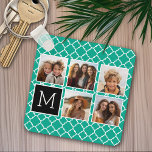 Emerald & Black Instagram 5 Photo Collage Monogram Keychain<br><div class="desc">Green and White Quatrefoil Pattern - Use five square photos to create a unique and personal gift. Or you can keep the hipster puppy and make a trendy keepsake. If you need to adjust the pictures,  click on the customize tool to make changes.</div>