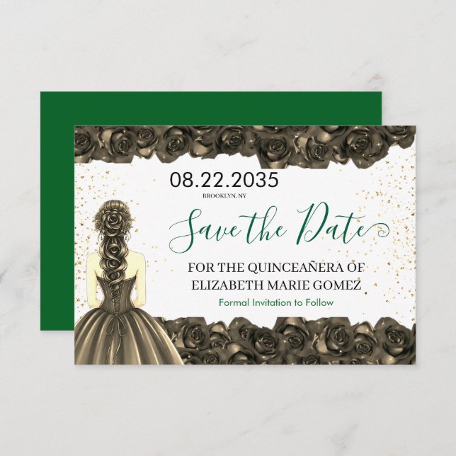 Emerald & Black Quinceañera Save the Date (Devant / Derrière)