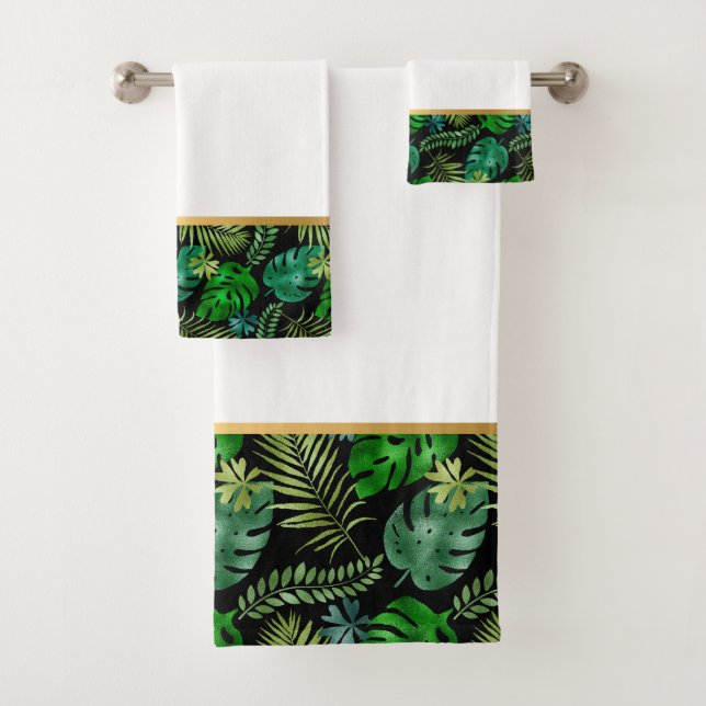 EMERALD BLACK TROPICAL GOLD BATHROOM TOWEL SET (Insitu)