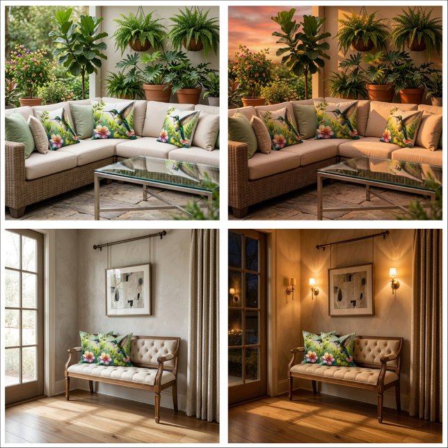 Emerald Blossom Hover Hummingbird Pillow Cover (Botanical • Luxury • Airbnb Chic • Garden Retreat)