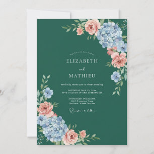 Emerald Blue Floral Watercolor Wedding Invitation