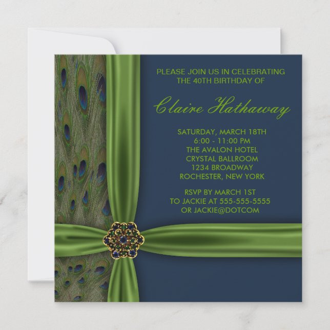 Emerald Blue Peacock 40th Birthday Party Invitation (Front)