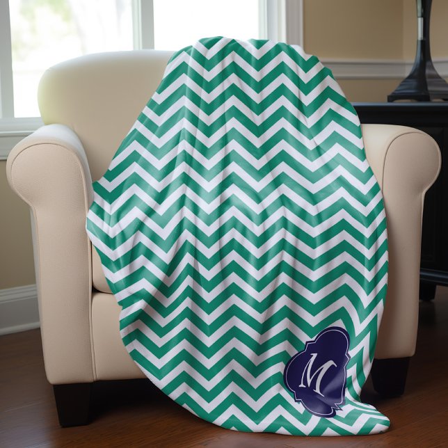 Emerald & Blue Zigzag Pattern Monogram Fleece Blanket (Creator Uploaded)
