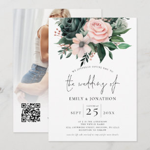 Emerald Blush Floral Photo Overlay QR Code Wedding Invitation