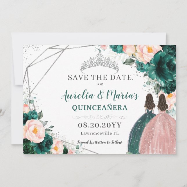 Emerald Blush Floral Twins Quinceanera Sweet 16 Save The Date (Front)