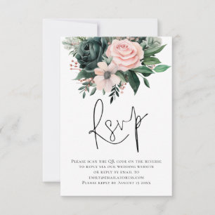 Emerald Blush Florals Script QR Code Wedding RSVP Card