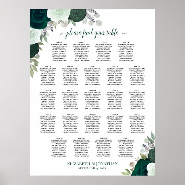 Emerald Boho Floral 23 Table Wedding Seating Chart (Front)