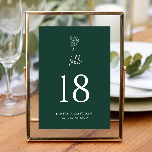 Emerald Boho Minimalist Botanicals Wedding Table Number (Emerald boho botanical table number brings rich elegance while guiding guests with ease.)