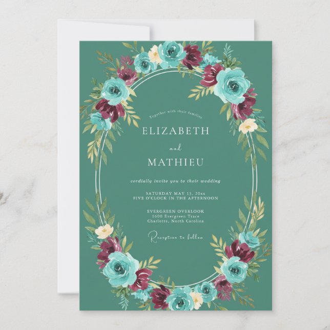 Emerald Bold Floral Winter Wedding Invitation (Front)