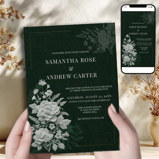 Emerald Botanical Faux Embossed Floral Wedding Invitation (Creator Uploaded)
