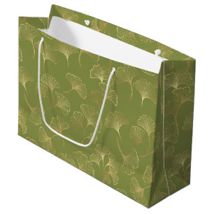 Emerald Botanical Gold Ginkgo Leaf Luxury Pattern Large Gift Bag