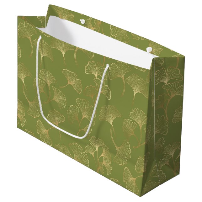Emerald Botanical Gold Ginkgo Leaf Luxury Pattern Large Gift Bag (Front Angled)