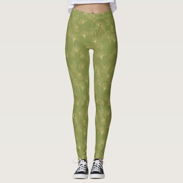 Emerald Botanical Gold Ginkgo Leaf Luxury Pattern Leggings (Front)