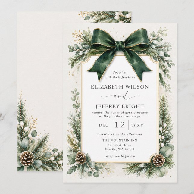 Emerald Bow Botanical Floral Winter Wedding Invitation (Front/Back)