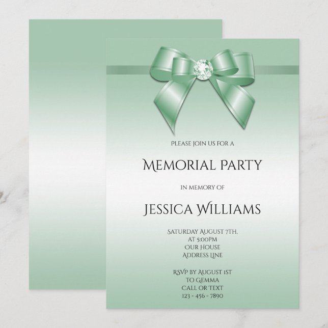 Emerald Bow & Ribbon Memorial Party Invitation (Front/Back)