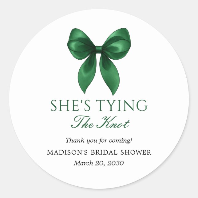 Emerald Bow She's Tying the Knot Bridal Shower Classic Round Sticker (Front)