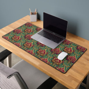 Emerald Burgundy Baroque Damask Desk Mat