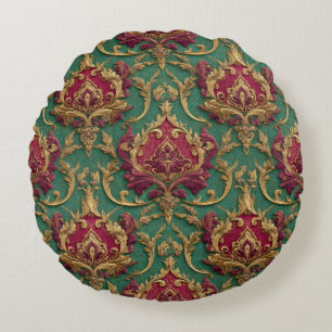 Emerald Burgundy Baroque Damask Round Pillow